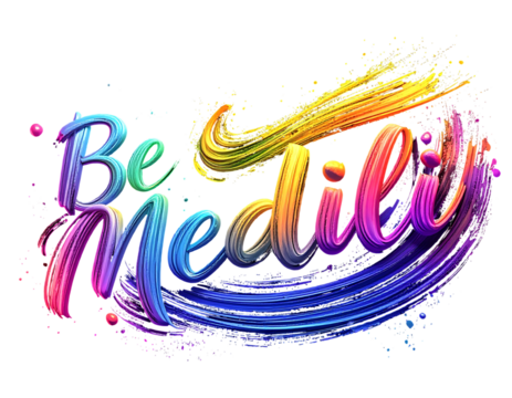 Vibrant, swirling brushstroke text art on black. Rainbow hues create 'Be Medili' form