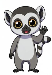 Fototapeta premium Lemur Greeting: An adorable lemur with captivating eyes offers a cheerful wave, embodying playful charm.