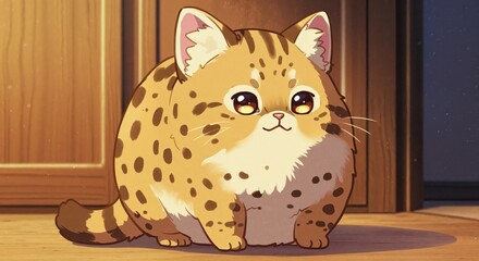 Fototapeta premium Cute Cat Illustration: An adorable, round cat illustration with a distinctive spotted coat and big, expressive eyes, bringing a sense of warmth and cheer.