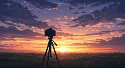 The Photographer's Sunset: A photographer's camera on a tripod captures the breathtaking beauty of a sunset, its silhouette contrasting against the vibrant colors of the sky.