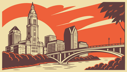 Columbus and cleveland skylines with a bridge in vector format, ideal for ohiothemed designs and city illustrations in various media.