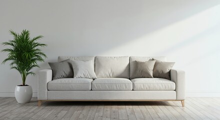 Fototapeta premium Contemporary Living Room Oasis: a minimalist living space with a pristine sofa, an elegant potted plant, and a tranquil ambiance. The room, bathed in natural light, epitomizes comfort and serenity.
