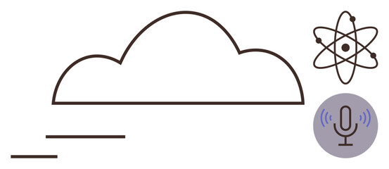 Cloud icon with atomic structure and microphone, representing cloud computing, innovation, science, and voice technology. Ideal for AI, data, research, communication networking tech advancements