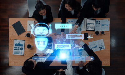 Diverse team engages in a collaborative meeting, utilizing advanced AI tools and data visualizations to enhance business strategies in a modern office setting. Trope