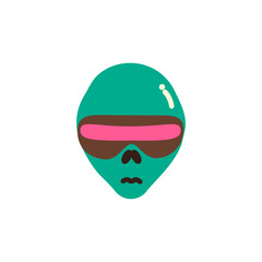 flat design of Behold the Cosmic Observer! This teal alien sports oversized sunglasses with pink lenses, a small mouth, and a bold black outline