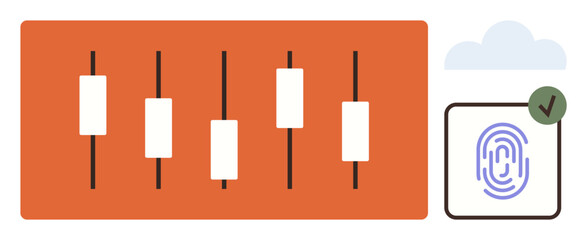 Candlestick chart for financial analysis paired with a fingerprint icon showcasing biometric security, cloud integration, and validation. Ideal for finance, security, technology, identity, analysis