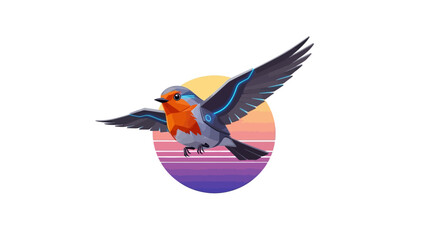 Stunning futuristic robin in flight, a vibrant and modern bird illustration with glowing details against a retro sunset background, perfect for tech themes