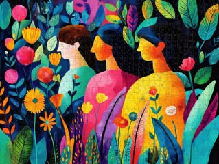 Vibrant illustration of women surrounded by colorful flowers and foliage.