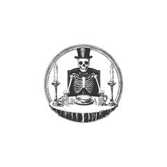 dark vintage engraving illustration featuring a skeleton in a top hat sitting at a formal dinner table with candles, cutlery, and an empty plate