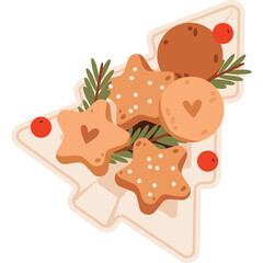 Festive Christmas Tree Shaped Platter Showcasing Assorted Star and Round Shaped Cookies Adorned with Sprinkles and Heart Designs Surrounded by Pine Sprigs and Red Berries on a White Background