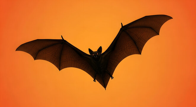 Silhouette of a bat flying against a bright orange background