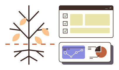 A tree diagram alongside analytics dashboard displaying charts and checklist interface. Ideal for decision-making, data processing, workflow planning, productivity, growth strategy, evaluation