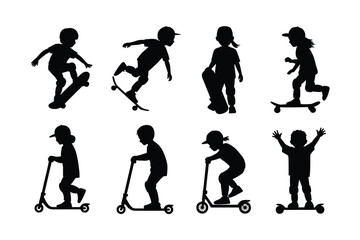 Fototapeta premium Children silhouettes skateboarding and riding scooters vector