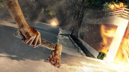 Zombie hand with a wound and blood holding an axe in the middle of an apocalyptic city. Zombie, devil, evil, satan, or monster hand. Concept of Spooky Halloween