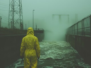 A person in a yellow raincoat stands by turbulent water amidst foggy conditions.