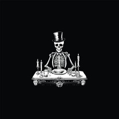 dark vintage engraving illustration featuring a skeleton in a top hat sitting at a formal dinner table with candles, cutlery, and an empty plate