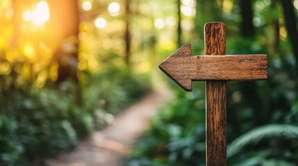 A wooden signpost directs towards a serene forest path illuminated by soft sunlight.