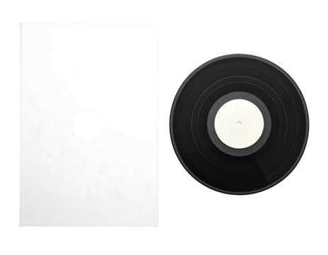 Vinyl record beside sleeve, crisp white background. Album ready for playing. Black record label