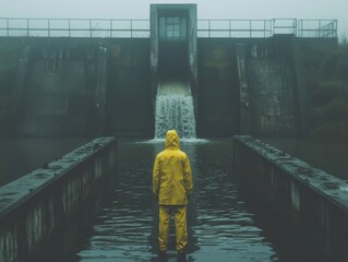 A figure in a yellow raincoat stands by a dam, surrounded by fog and flowing water.