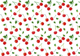 水彩風 真っ赤なサクランボのパターン Cute Fruit Series:Watercolor style bright red cherry pattern
