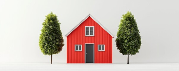 A vibrant red house with two lush green trees on a clean white background.