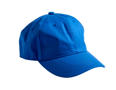 Vivid blue baseball cap isolated against a dark background, showing its sleek form and classic construction