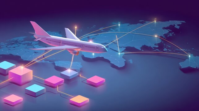 Airplane flying over world map with connected network of data points