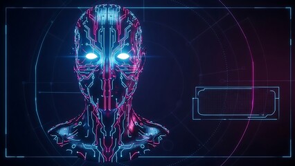 Abstract digital human face with glowing eyes in futuristic tech design