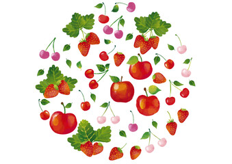 水彩風 かわいい果物（サクランボ・イチゴ・リンゴ）セット Cute Fruit Series:Watercolor style cute fruit (cherries, strawberries, apples) set