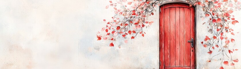 A charming red door surrounded by delicate floral vines on an aged wall.