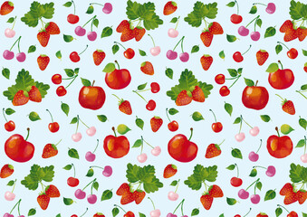 水彩風 かわいい果物（サクランボ・イチゴ・リンゴ）のパターン Cute Fruit Series:Watercolor style cute fruit (cherries, strawberries, apples) pattern