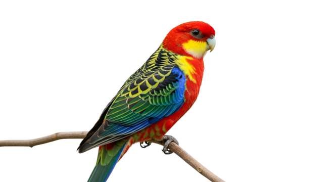 Vibrant Rosella Parrot Perched on a Branch Against a White Background, Showcasing its Colorful Plumage