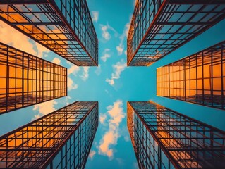Abstract view of modern skyscrapers against a vibrant blue sky with golden reflections.