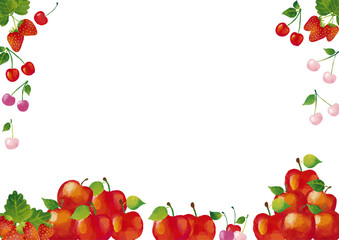 水彩風 かわいい果物（サクランボ・イチゴ・リンゴ）のフレーム2 Cute Fruit Series:Watercolor style cute fruit (cherries, strawberries, apples) frame
