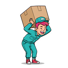 Cartoon vector illustration of a delivery man character worker with a package and uniform
