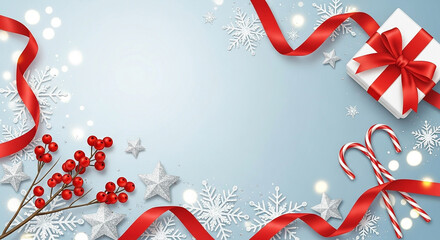 Christmas and new year festive background with red ribbon, gift box, candy canes, holly berries, snowflakes and bokeh lights