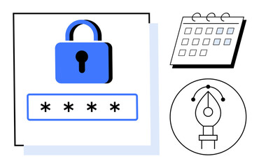 Padlock and password for security, a calendar for planning, and a pen tool for design. Ideal for cybersecurity, data protection, scheduling, creativity, graphic design, encryption personal privacy
