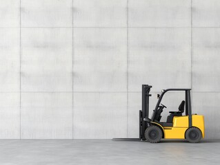 A yellow forklift positioned in an industrial warehouse setting.