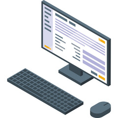 Isometric Computer Monitor Keyboard and Mouse Displaying Data Information and Graphs with Subtle Purple and Yellow Accents Against a Clean Transparent Background