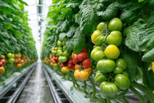 Modern high tech greenhouse showcasing vibrant vegetables including tomatoes and greens