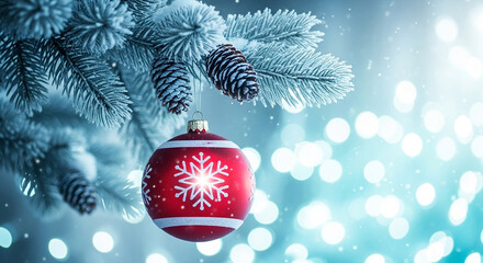 Closeup of a red christmas ornament with snowflake pattern hanging on a snowcovered pine branch with blurred bokeh lights in the background