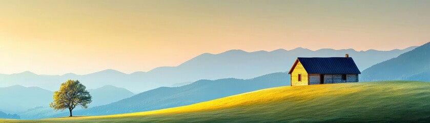 A serene landscape featuring a house and tree against a stunning mountain backdrop.