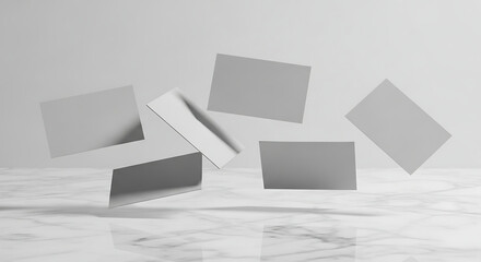 Realistic 3D rendering of levitating blank business cards for corporate identity branding mockup over a clean marble surface