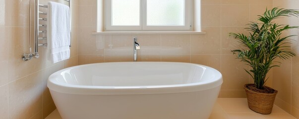 Modern bathroom with a stylish freestanding tub and natural light from a window.