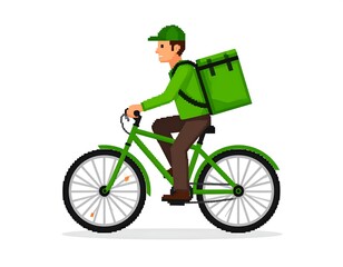 Fototapeta premium Cartoon person on a green bike with delivery bag, white background