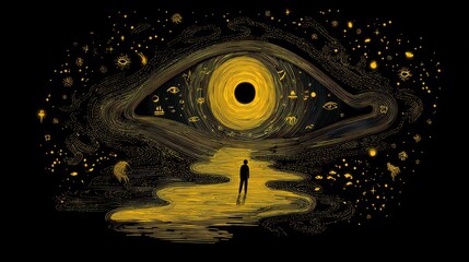 Abstract illustration of a person walking towards an eye shaped portal