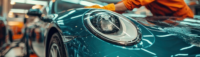 A skilled worker details a luxury car in a well-lit automotive workshop.