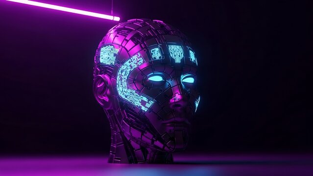 Abstract futuristic head sculpture illuminated with neon lights against dark background - Powered by Adobe