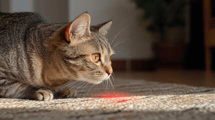 A curious cat stalks a red laser dot on a sunny afternoon indoors.