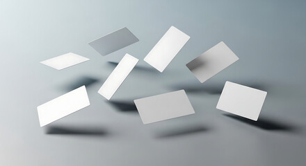 Floating blank white rectangular cards in a dynamic arrangement, ideal for professional corporate branding mockups and creative design presentations on a minimalist gray background